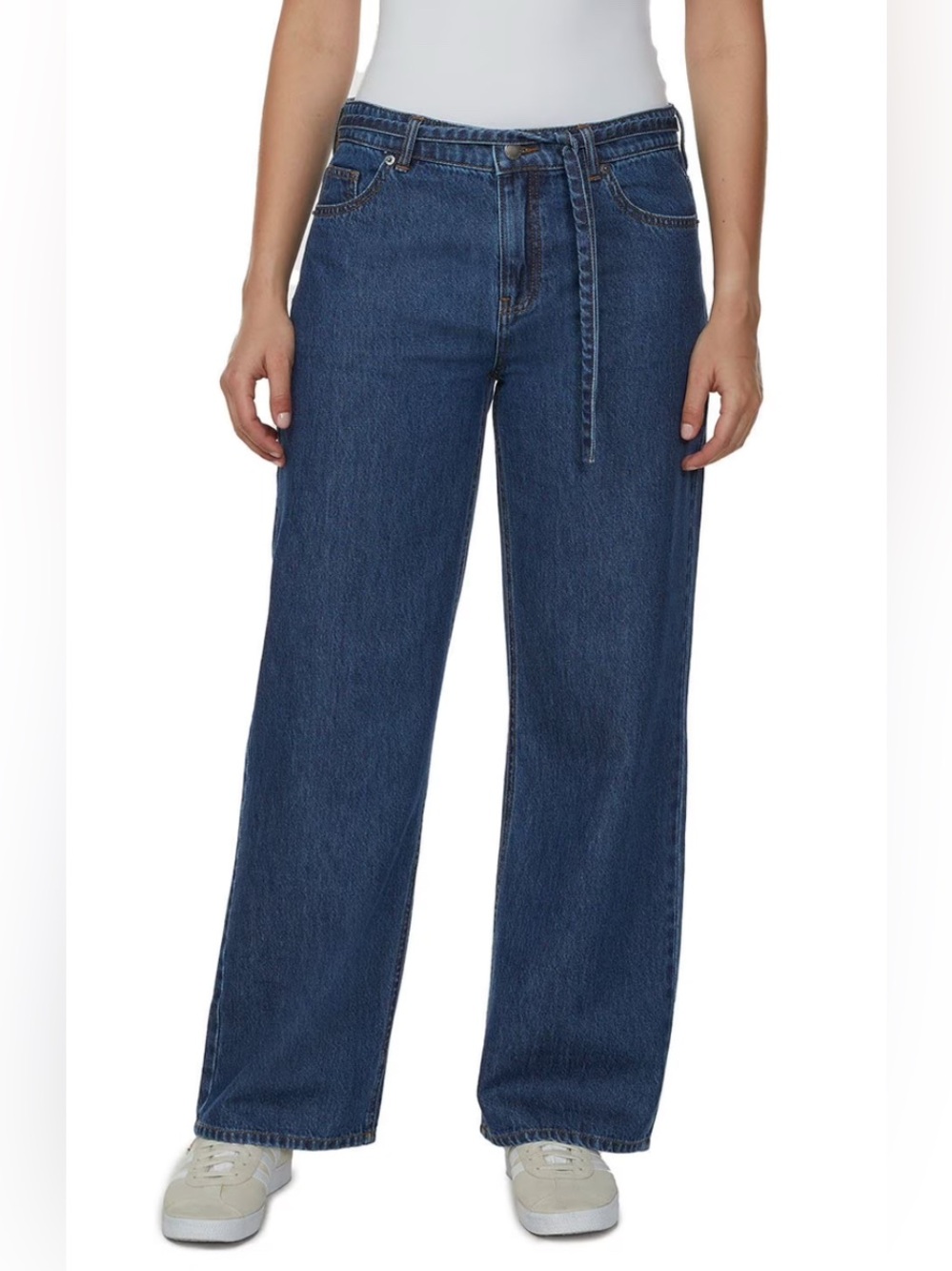 Buffalo Women’s High Waisted Wide Leg Self-Belted Jeans-Dark Blue